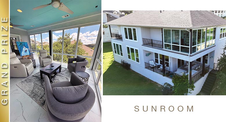 GRAND PRIZE: Interior of sunroom with blue ceiling & comfortable furniture, 2nd pic an aerial shot from above of exterior.