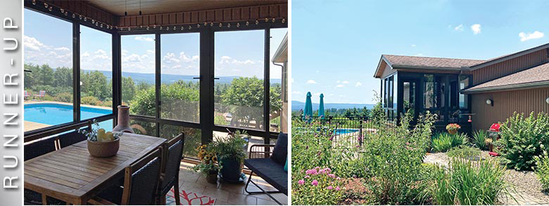 RUNNER-UP: Interior of brown sunroom with view of hills and fields, & exterior of same sunroom with gardens in foreground.