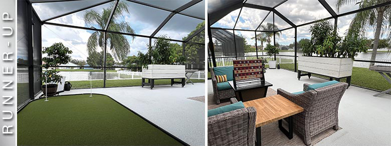 RUNNER-UP: Interior pics of screen room, #1 w/putting green & planter, #2 of seating area w/game board. Both w/water view.