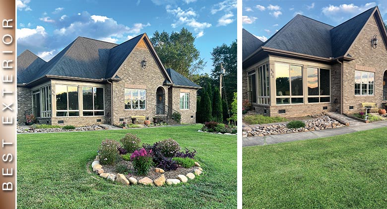 BEST EXTERIOR: Two photos of a corner patio enclosure in tan on a brick home with round garden planting in the lawn.