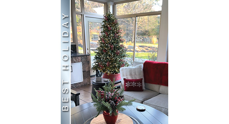 BEST HOLIDAY: Interior of a sunroom with a holiday centerpiece on a coffee table and a Christmas tree in the background.