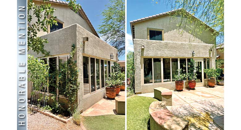 HONORABLE MENTION: Two exterior photos of tan patio enclosure on a stucco home with potted plants on tiled patio.