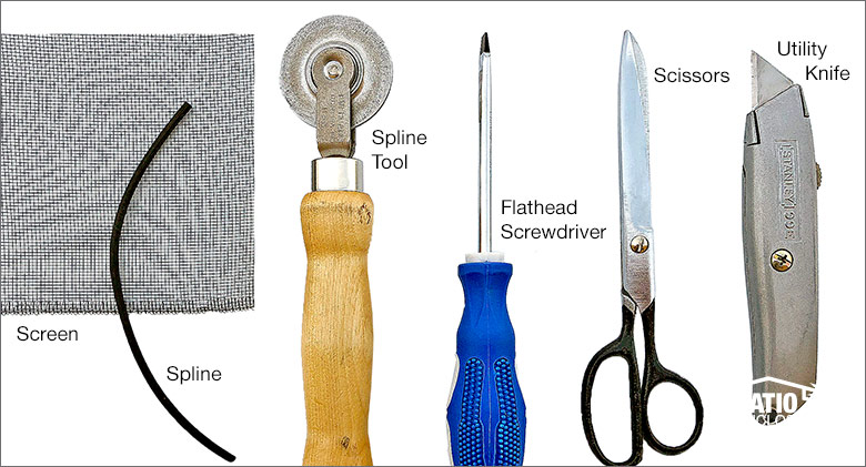 A group of tools used for screen repair, (left to right) screen, spline, spline tool, screwdriver, scissors, utility knife.