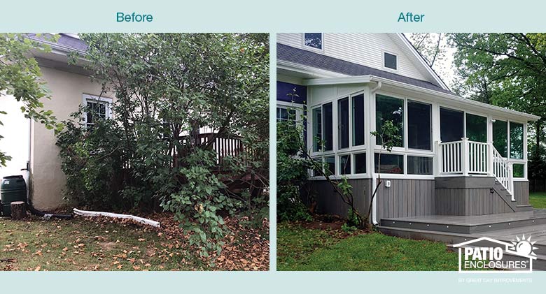 Before and after of an overgrown deck enclosed with a raised four-season glass sunroom with single-slope roof.