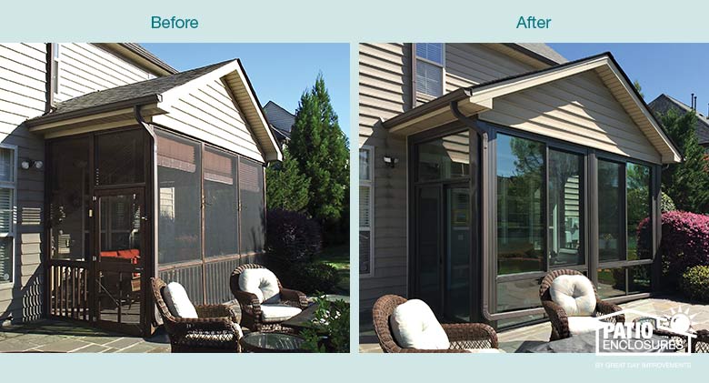 Before and after images of a screened patio enclosure transformed into a four-season glass enclosure.