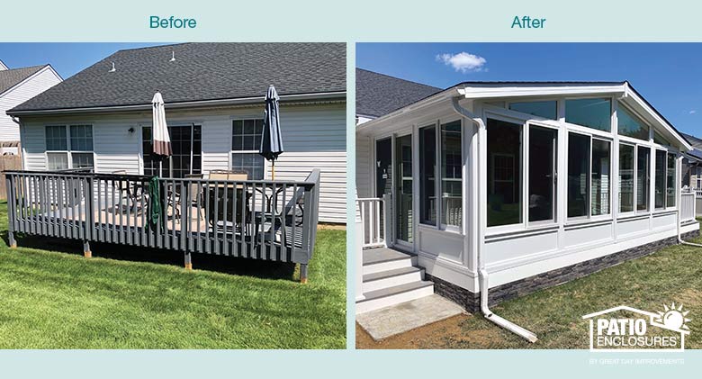 Before and after images of an open deck transformed into a four-season glass sunroom with gable roof.