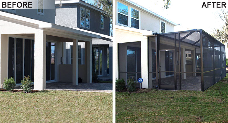 A screened lanai with bump-out screen enclosure in bronze expands outdoor living space.