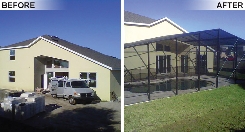 A bronze pool enclosure with straight gable roof was added to this new construction home.